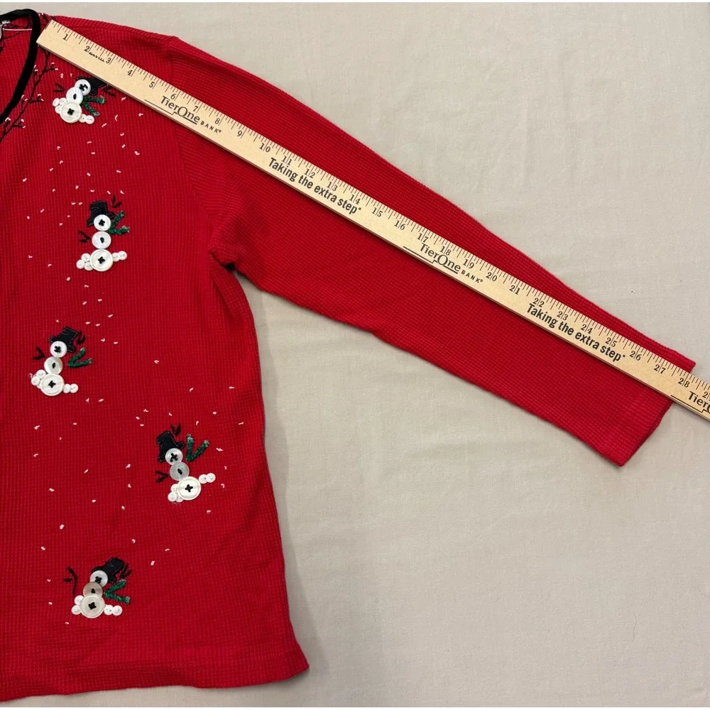 Vintage Susan Bristol Red Waffle Snowman Cardigan Sweater Women's Large Holiday